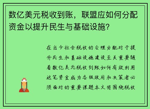 数亿美元税收到账，联盟应如何分配资金以提升民生与基础设施？