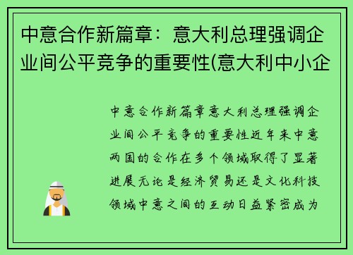 中意合作新篇章：意大利总理强调企业间公平竞争的重要性(意大利中小企业的发展历史)