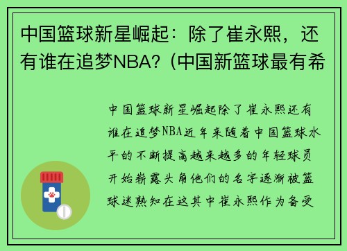 中国篮球新星崛起：除了崔永熙，还有谁在追梦NBA？(中国新篮球最有希望的球员)