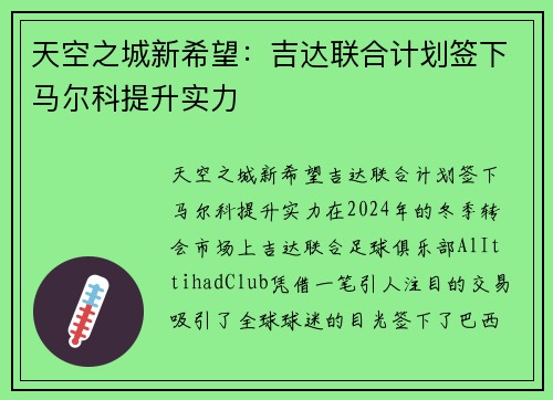 天空之城新希望：吉达联合计划签下马尔科提升实力