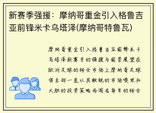 新赛季强援：摩纳哥重金引入格鲁吉亚前锋米卡乌塔泽(摩纳哥特鲁瓦)