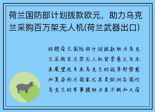 荷兰国防部计划拨款欧元，助力乌克兰采购百万架无人机(荷兰武器出口)